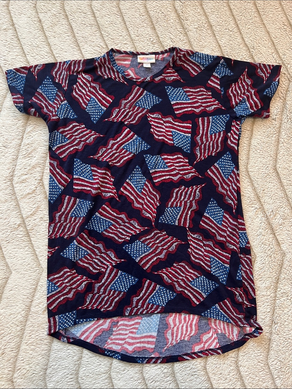 LuLaRoe Navy, Red & Blue Short Sleeve Tee with Flag Print